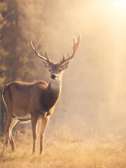 Naklejka premium Deer grazing in the field, wildlife photography, peaceful nature scene, grazing deer in natural habitat.