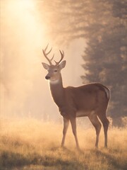 Obraz premium Deer grazing in the field, wildlife photography, peaceful nature scene, grazing deer in natural habitat.