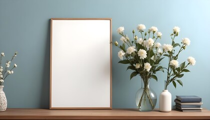 Empty wooden picture frame mockup hanging on pastel wall. Boho-shaped vases with dried flowers and house plants on a table. Working space, home office. Modern interior. Generative AI
