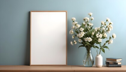 Empty wooden picture frame mockup hanging on pastel wall. Boho-shaped vases with dried flowers and house plants on a table. Working space, home office. Modern interior. Generative AI