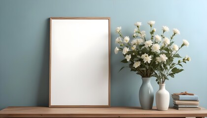 Empty wooden picture frame mockup hanging on pastel wall. Boho-shaped vases with dried flowers and house plants on a table. Working space, home office. Modern interior. Generative AI