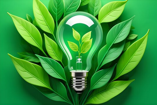  fresh leaves inside a lightbulb symbolizes the concept of sustainable and eco-friendly energy. It represents the idea of integrating nature with technology to promote green energy solutions 