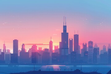 Obraz premium cityscape reflected in calm water at sunset serene and beautiful urban landscape