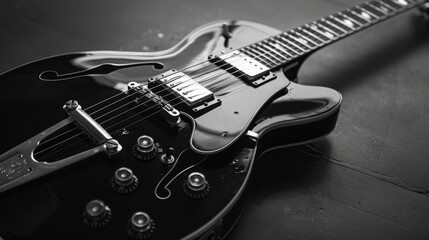A black and white closeup image of a vintage electric guitar with plenty of copy space
