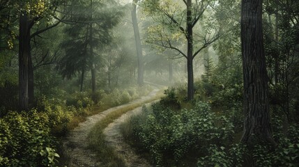 Obraz premium Forest Path Through Misty Woods - A winding path disappears into a misty forest, sunlight filtering through the trees. - A winding path disappears into a misty forest, sunlight filtering through the t