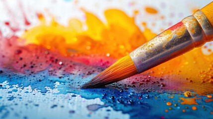 Vibrant close-up image of a paintbrush applying blue paint on a colorful canvas with splashes of red, orange, and yellow