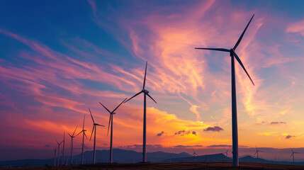 Obraz premium A field of tall, swaying wind turbines at sunset, silhouetted against the colorful sky