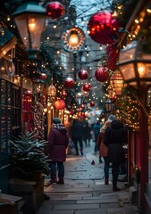 Naklejka premium Christmas lights hanging over a street with people walking