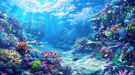 Naklejka premium Beautiful anime coral reef landscape with intricate coral formations and a variety of sea creatures
