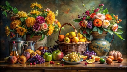 Meticulously painted still life with fruits, flowers, and objects showcasing beauty and texture of everyday life