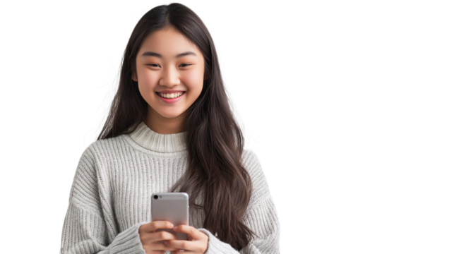 Joyful Young Asian Girl Checking Phone, Transparent Background