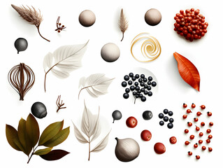 Batch of graphic design elements, graphic and design objects, web design objects, vintage elements, leaf, flowers, fruits, birds, stones