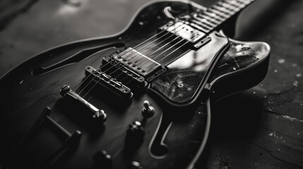 Fototapeta premium A black and white closeup image of a vintage electric guitar with plenty of copy space