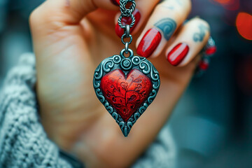 Heart pendant in hand of female with red manicure and tattoo on fingers.