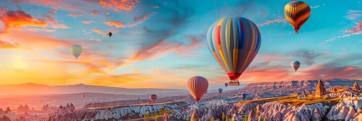 Fototapeta premium Hot Air Balloons Soaring Over Cappadocia at Sunset - A picturesque panorama showcasing vibrant hot air balloons against a captivating sunset sky over the unique rock formations of Cappadocia. - A pict