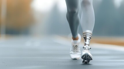 A high-definition close-up photo of an athlete with a prosthetic leg warming up before a run