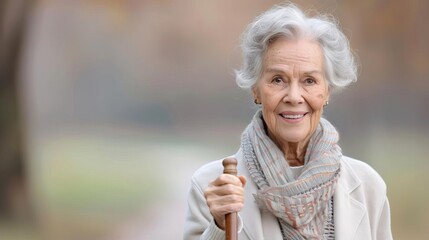 A crisp and clear photo of a smiling elderly person using a cane while walking in a park