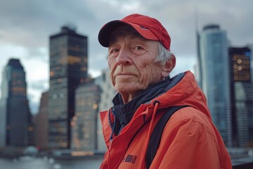 Obraz premium Portrait of a content caucasian man in his 70s wearing a functional windbreaker on stunning skyscraper skyline