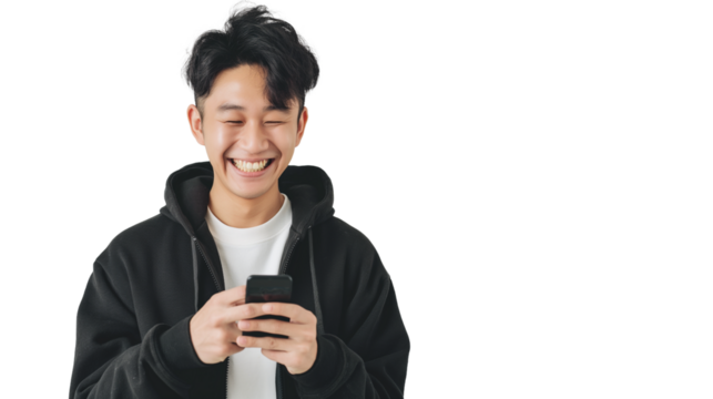 Happy Young Asian Man Engaged with Smartphone, PNG Transparent Background