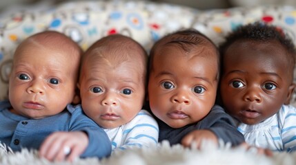 Illustrate the bond between infants of different ethnicities as they share a mealtime, sitting together in high chairs and reaching