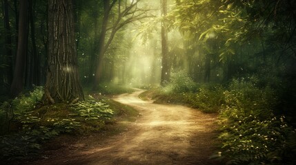Obraz premium Mysterious Path Through an Enchanting Forest - A winding path leads deeper into a mystical forest, bathed in soft sunlight and mist. - A winding path leads deeper into a mystical forest, bathed in sof