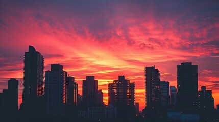Fototapeta premium City skyline silhouette at sunset, vibrant and colorful sky. Urban serenity and tranquility concept