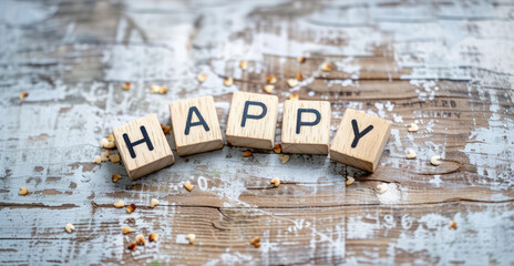 Uplifting Words: Wooden Tiles Forming 'HAPPY' on Wooden Tabletop