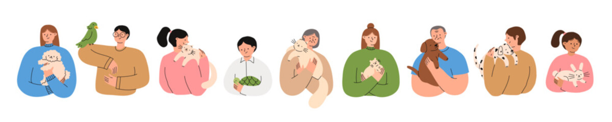 Set of people holding their pets. Happy domestic animal owners. Pet lowers concept. Flat vector illustration isolated on a white background.