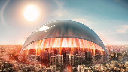 Obraz premium Modern city protected by a large transparent dome with fiery effects inside, suggesting a climate disaster or advanced technology safeguard.