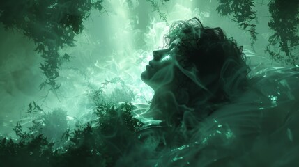 Nocturnal Fantasies Depict a person lying peacefully in bed, their dreams manifesting as surreal images dancing across the