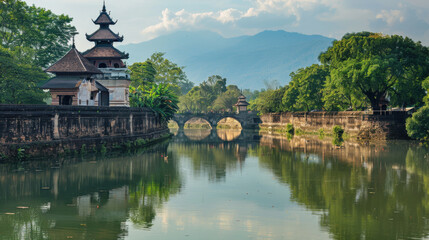 Obraz premium Spectacular views of Chiang Mai's old city with its ancient walls and moat reflecting its cultural heritage.