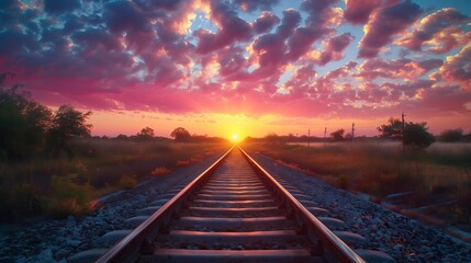 Obraz premium Railroad Tracks Leading to Vibrant Sunset Horizon