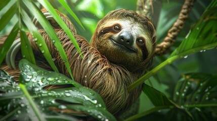 Obraz premium Sloth hanging in lush green jungle, close-up. Wildlife and nature concept