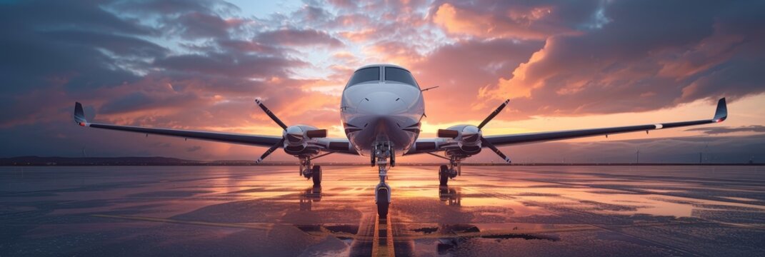 Private Airplane Parked on Runway at Sunset - A private airplane is parked on the runway at sunset. The sky is a vibrant orange and pink, with clouds reflecting in the wet tarmac. - A private airplane