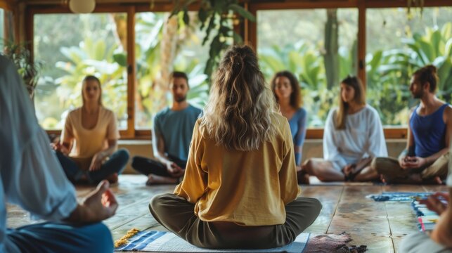 A group of people participate in a wellness retreat workshop, practicing mindfulness through meditation