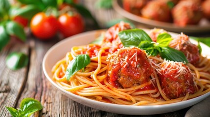 Classic spaghetti and meatballs in savory tomato sauce, topped with fresh basil