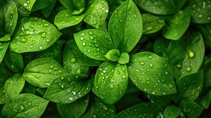 Fototapeta premium Close-up of dew-covered green leaves, highlighting the purity and vitality of summer nature