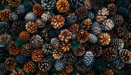 The texture of the cones, pine cones in the forest, many multi-colored large cones lie on the ground in the forest, top view