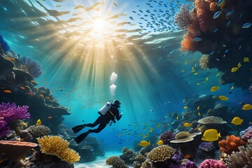 Obraz premium A underwater scene, colorful coral reefs, beautiful fishes , and a scuba diver, under ocean 