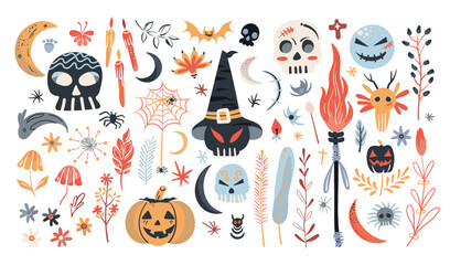 Set of isolated Halloween decoration elements in doodle hand-drawn graphic vector illustration on transparent background 3. Pastel red, orange and blue color tone.