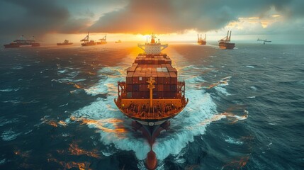 Obraz premium Showcase a container ship passing through a busy shipping lane, with other vessels of all shapes and sizes dotting the