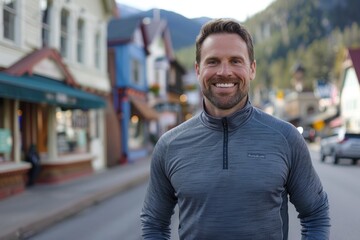 Fototapeta premium Portrait of a grinning man in his 30s showing off a lightweight base layer over charming small town main street