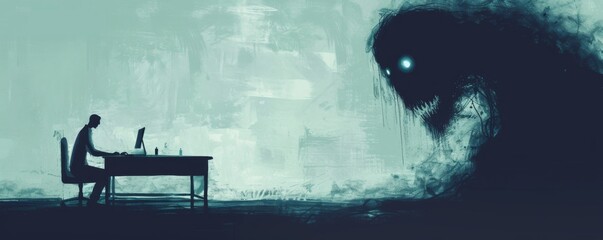 A person sitting alone at their desk, with a dark, ominous shadow looming over them, symbolizing the fear and intimidation that exists in a toxic workplace.
