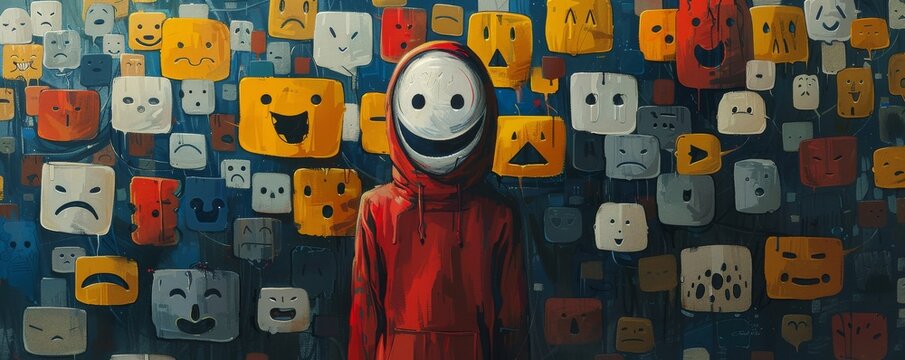 A lone figure with a mask of a smiling face, hiding behind a screen filled with hateful messages, expressing the isolation and vulnerability of online harassment