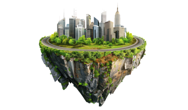 Floating City Island with Trees and Road