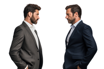 Two businessmen look serious and focused and are discussing important matters. Talking and exchanging opinions on a white background