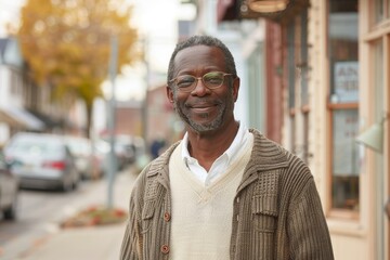 Fototapeta premium Portrait of a blissful afro-american man in his 50s wearing a chic cardigan in charming small town main street