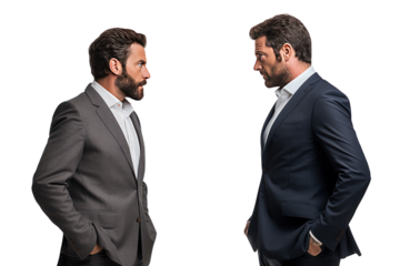 Two businessmen look serious and focused and are discussing important matters. Talking and exchanging opinions on a white background