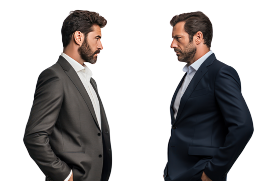 Two businessmen look serious and focused and are discussing important matters. Talking and exchanging opinions on a white background