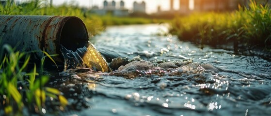 Factory discharge pipe releasing toxic waste into river, industrial pollution, environmental impac